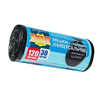 Мешки для мусора 120 л, с ушками, черные, в рулоне 30 шт., ПНД, 15 мкм, 1100х700 мм, Крепак, 4607075710375 в Нальчике